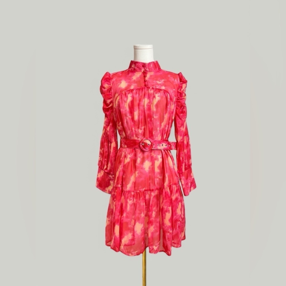 Dress Women Size Large Pink Tie Dye Mini Ruffle Long Sleeves Tiered Skirt Sheer - Picture 4 of 15